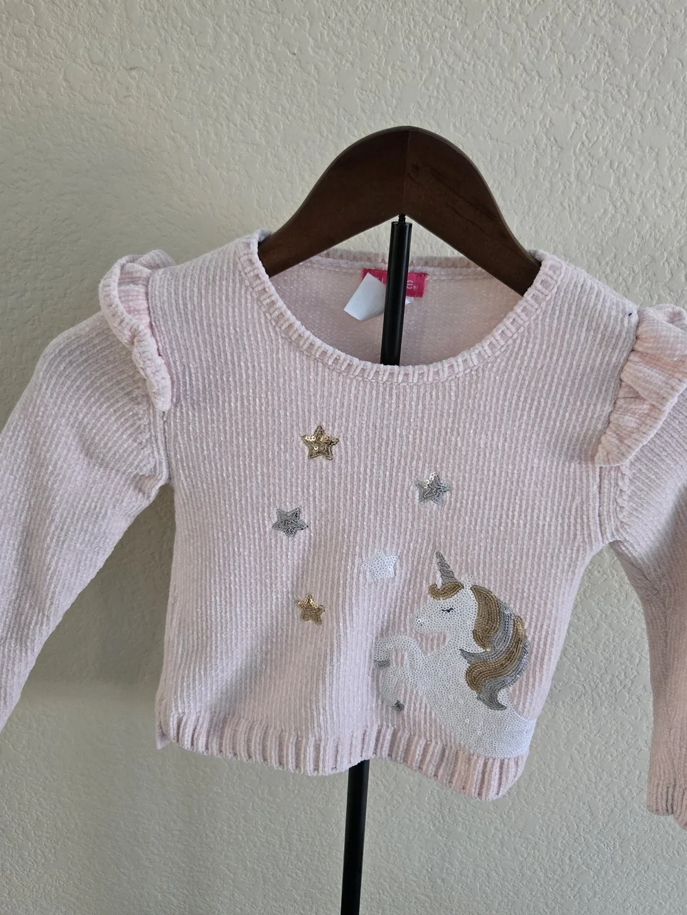 Light Pink Knit Unicorn Sweater with Metallic Stars